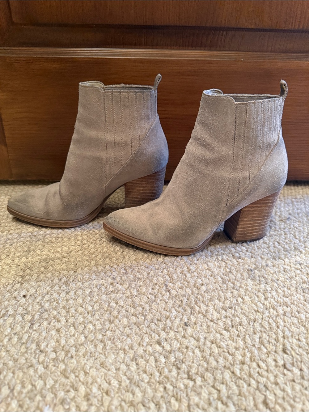 Marc Fisher Taupe Suede Block Heel Ankle Boots
